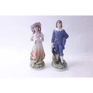 Pink Woman and Blue Boy Ceramic Figurines, FBIA, Hand Painted, Decorative,